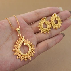 Ethiopian Jewelry Copper Gold Plated Set Serrated Flower Pendant Necklace Earrings Gold Color Africa Eritrea Wedding