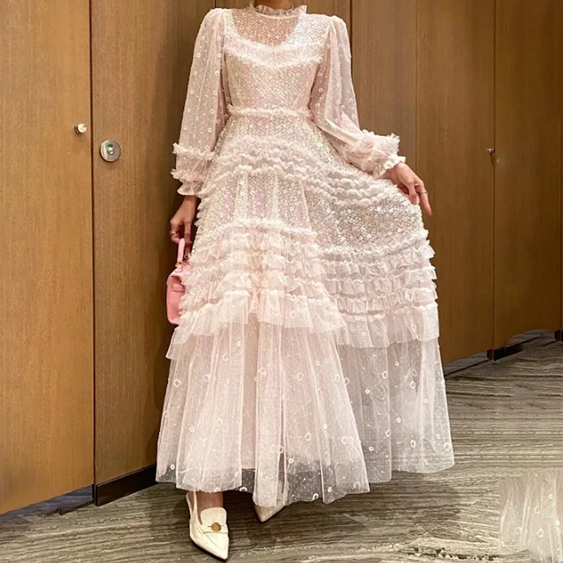 Brand Designer Summer Holiday Tulle Sequins Wedding Dress Women Layer Ruffles Long Sleeve Party Prom Vestidos Beige