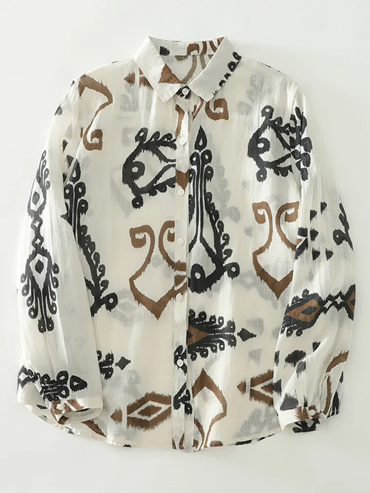 Spring Autumn Printed Cotton Hemp Long Sleeve Shirt Women New Thin Breathable Artistic Blouse Large Loose Casual Shirt Top S102