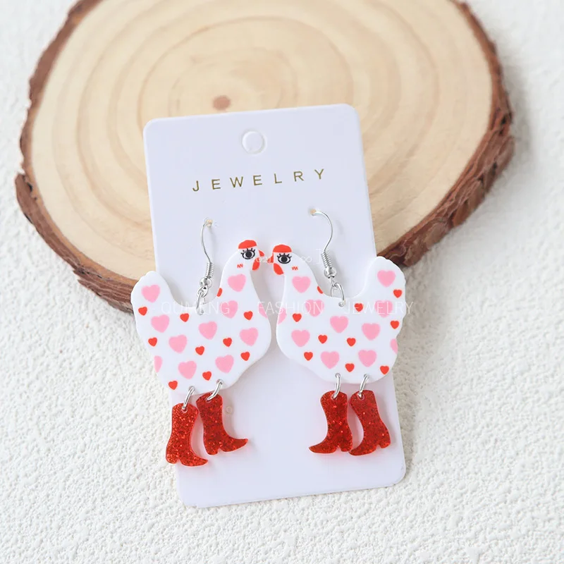 New Cute Heart Chicken Boots Acrylic Earrings for Women Funny Cartoon High Heel Point Rooster Animal Dangle Earring Jewelry
