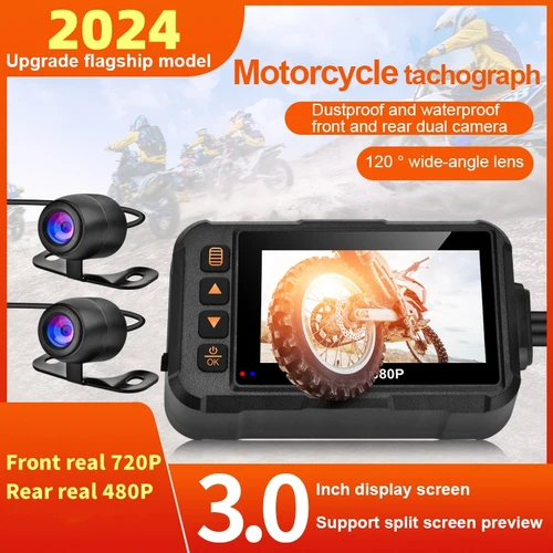 Imagen 1 del producto Dashcam para motocicleta de 3 pulgadas, cámara impermeable para motocicleta DVR frontal 720P y trasera 480P, grabadora de vídeo en bucle, visión nocturna negra