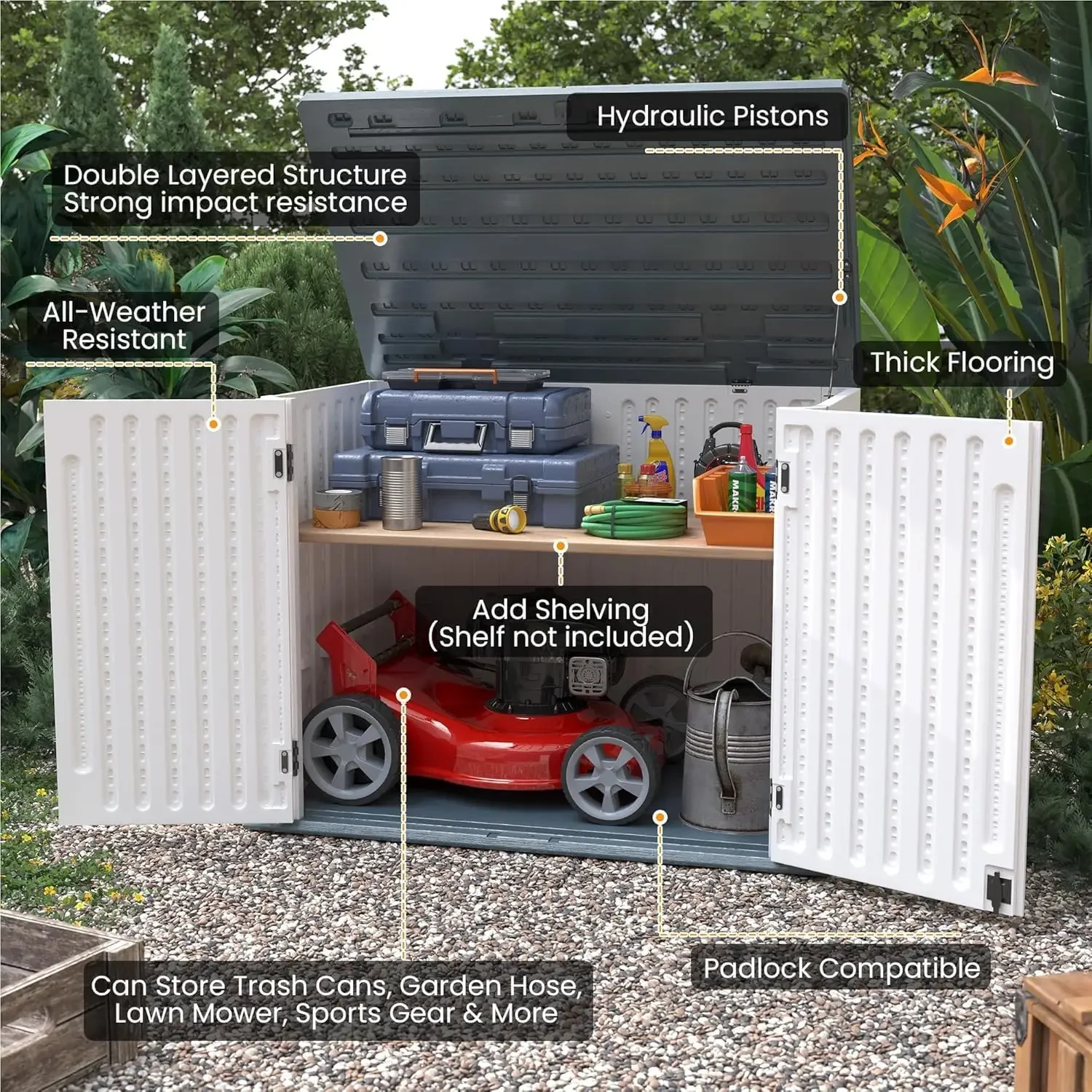 [무료 배송! 야외용 수납장 35큐빅피트, 레진 수평형 야외 쓰레기통 보관함 잠금 가능 창고 4 x 2피트 (쓰레기통용)