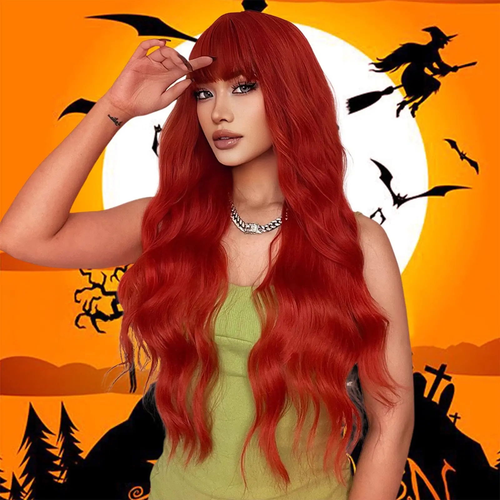 ALAN EATON Orange Synthetic Wigs with Bangs for Women Colorful Party Cosplay Hair Long Wavy Wigs Soft Natural Heat Resistant Wig
