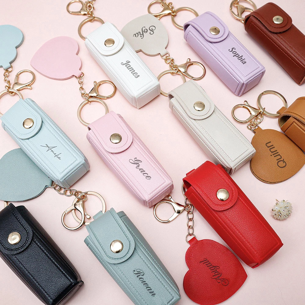 

Personalized Leather Lipstick Case Keychain Custom Wedding Lipstick Bag with Mirror Bag Accessory Keyring Bridesmaid Gift