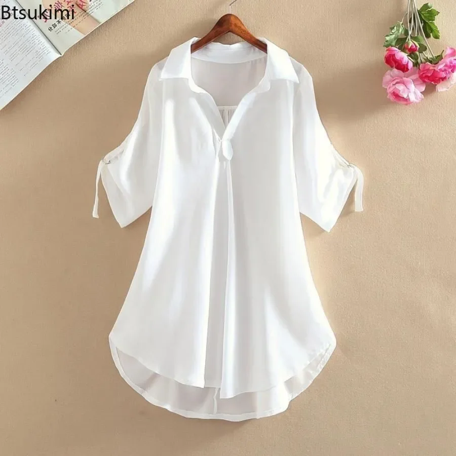 2025 frauen Sommer Solide Chiffon Blusen Mode Lose Elegante V-ausschnitt Pullover Casual Kurzarm Shirt Damen Mid-länge Tops