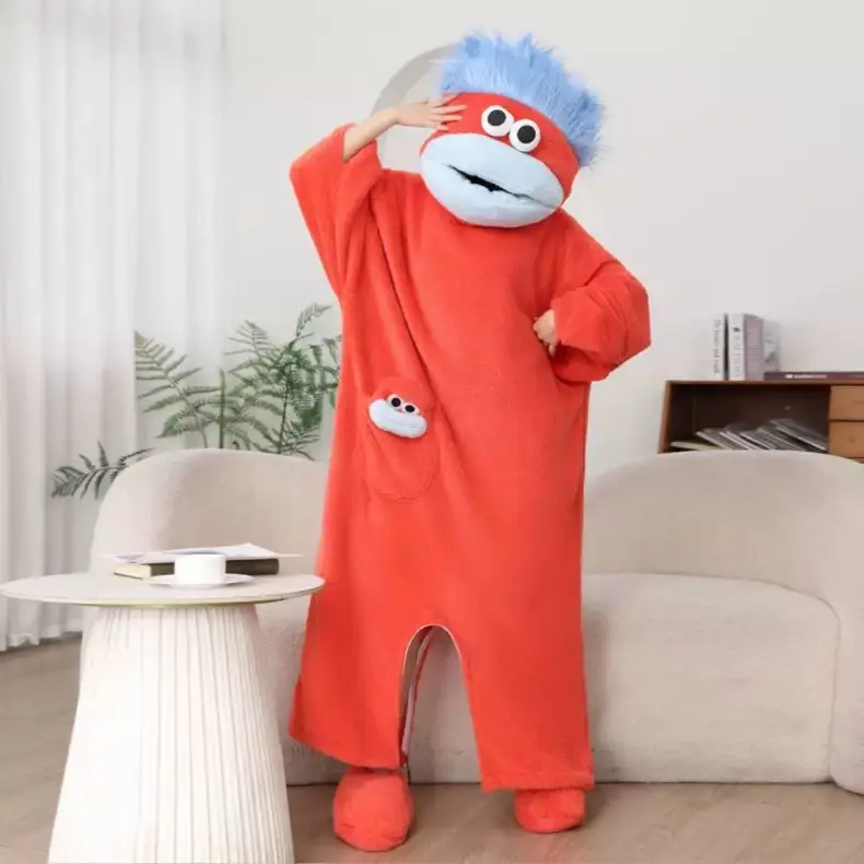 Cute Cartoon Big Mouth Monster Funny Onesie Pajamas Thickened Coral Homewear For Couples Men Women Autumn Winter Pajamas