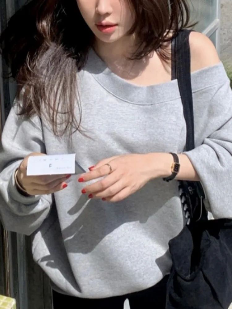 

Ретро-свитшот с асимметричным вырезом на плече, женский свободный тонкий длинный свитер для осени, новинка, универсальный