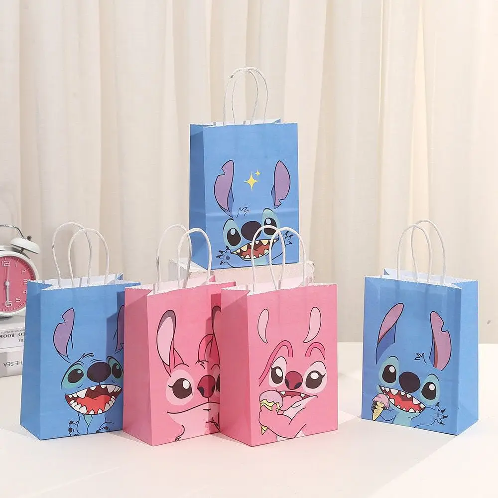 

4pcs Lilo & Stitch Kraft Paper Gift Bag Disney Cartoon Handheld Present Bag Reusable Birthday Gift Wrapping Supplies for Kids