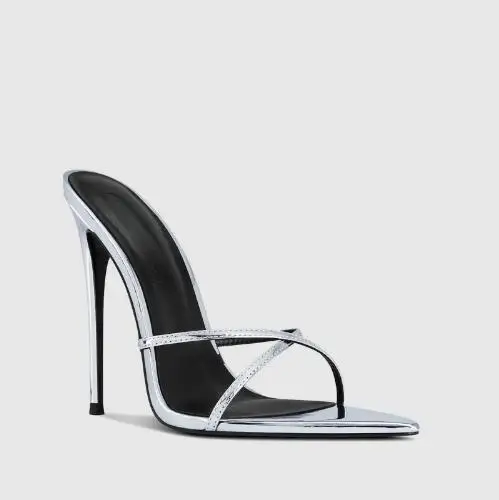 

Sliver Black Brown Patent Leather Narrow Band Cross Strap Thin Heels Modern Slippers Women Sexy Pointed Open Toe Pull On Sandals