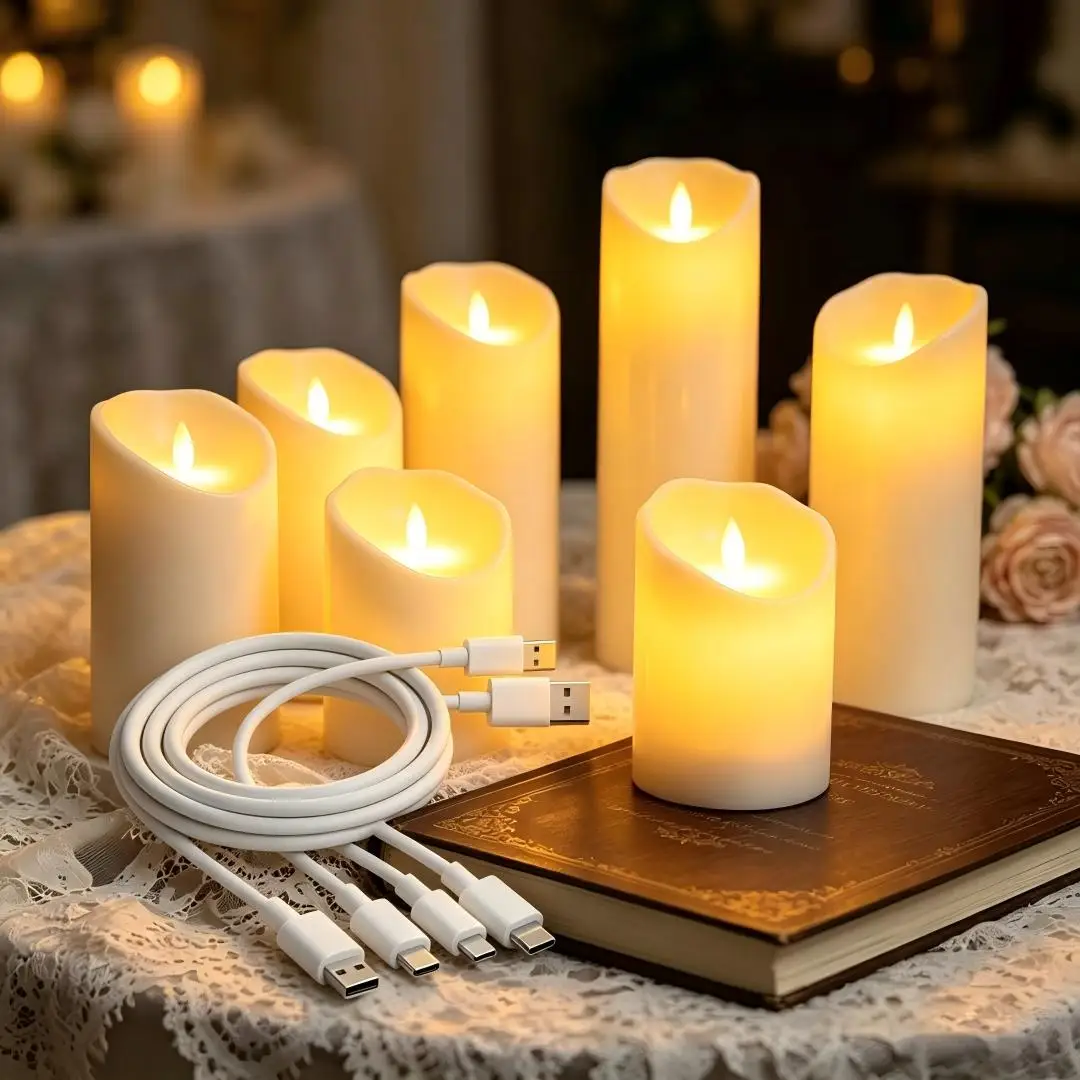 400mAh Rechargeable Flickering Flameless Candles & Remote and Timer, Pack of 3-5 Long Lasting Ivory White Wax USB Pillar Candle