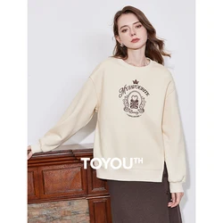 TOYOUTH Women Hoodies Sweatshirt 2024 Autumn Winter New Crown Printed Off Shoulder Slim Waist Pullover Tops