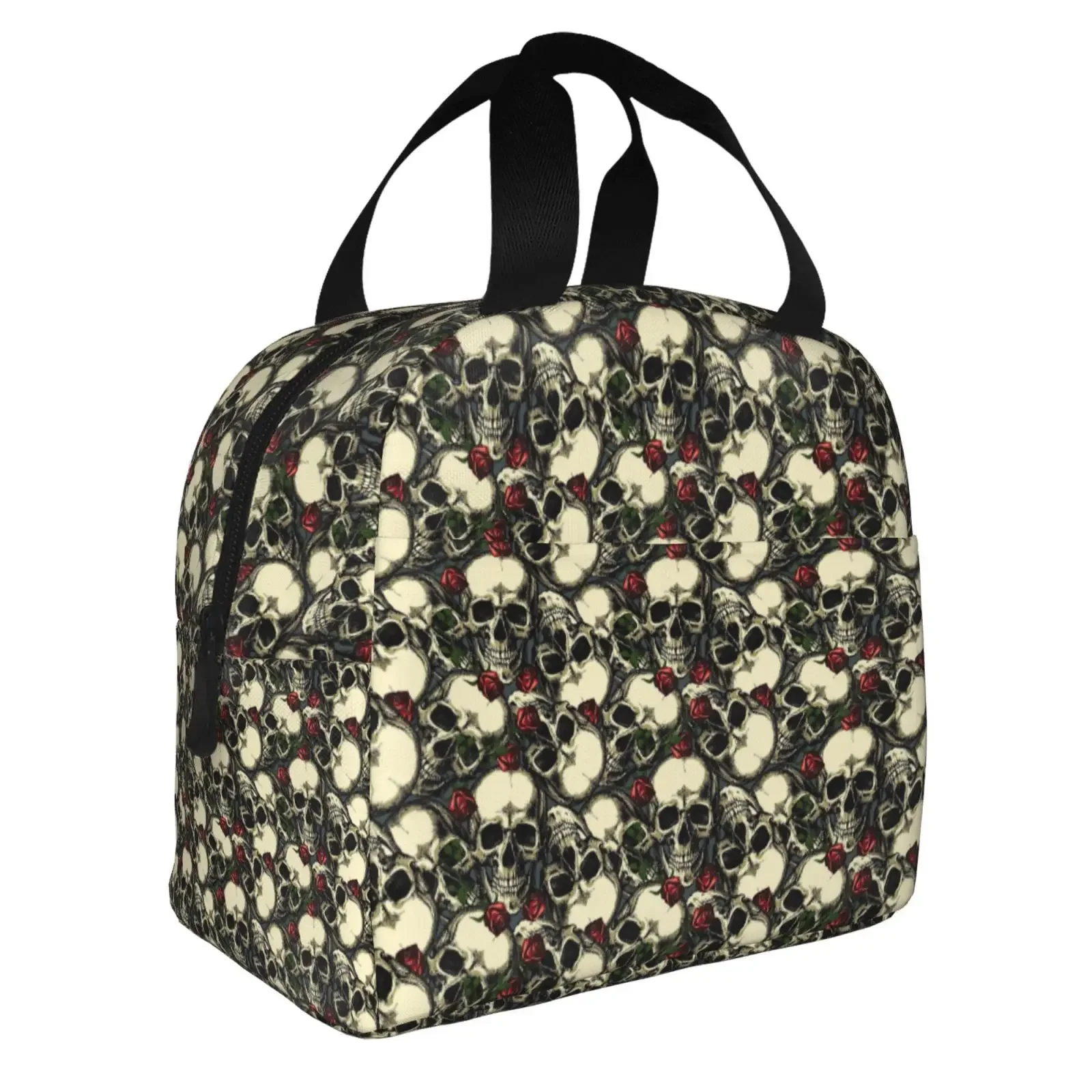 Scary Retro Skull Rose Print Lunch Bag For Girls Funny Lunch Box Fun Picnic Cooler Bag Portable Zipper Oxford Thermal Lunch Bags