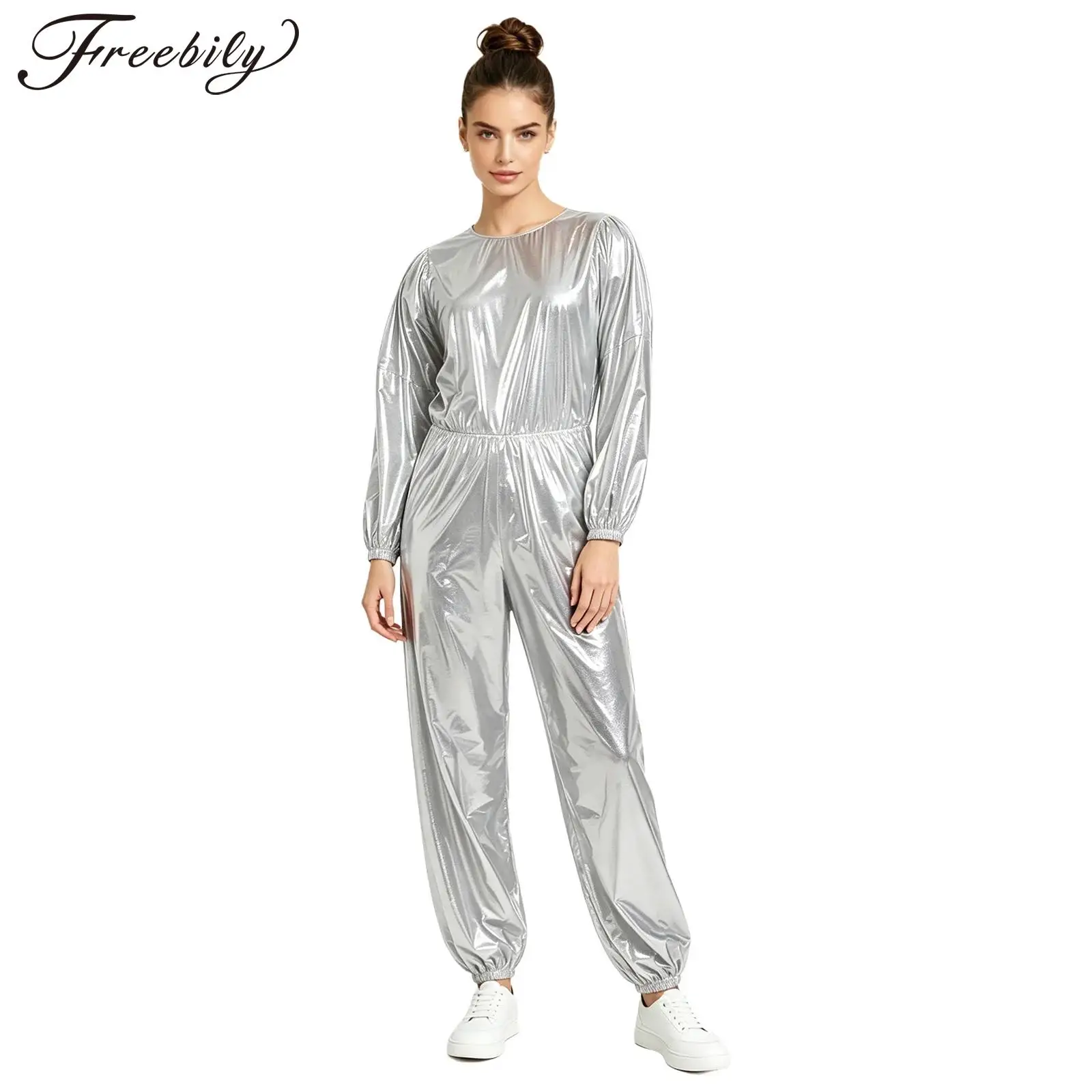 Women's Shiny Unitard Bodysuit Sauna Suits Jumpsuit Waterproof Long Sleeve Bodysuit for Weight Loss Sweat Tracksuit Jumpsuits