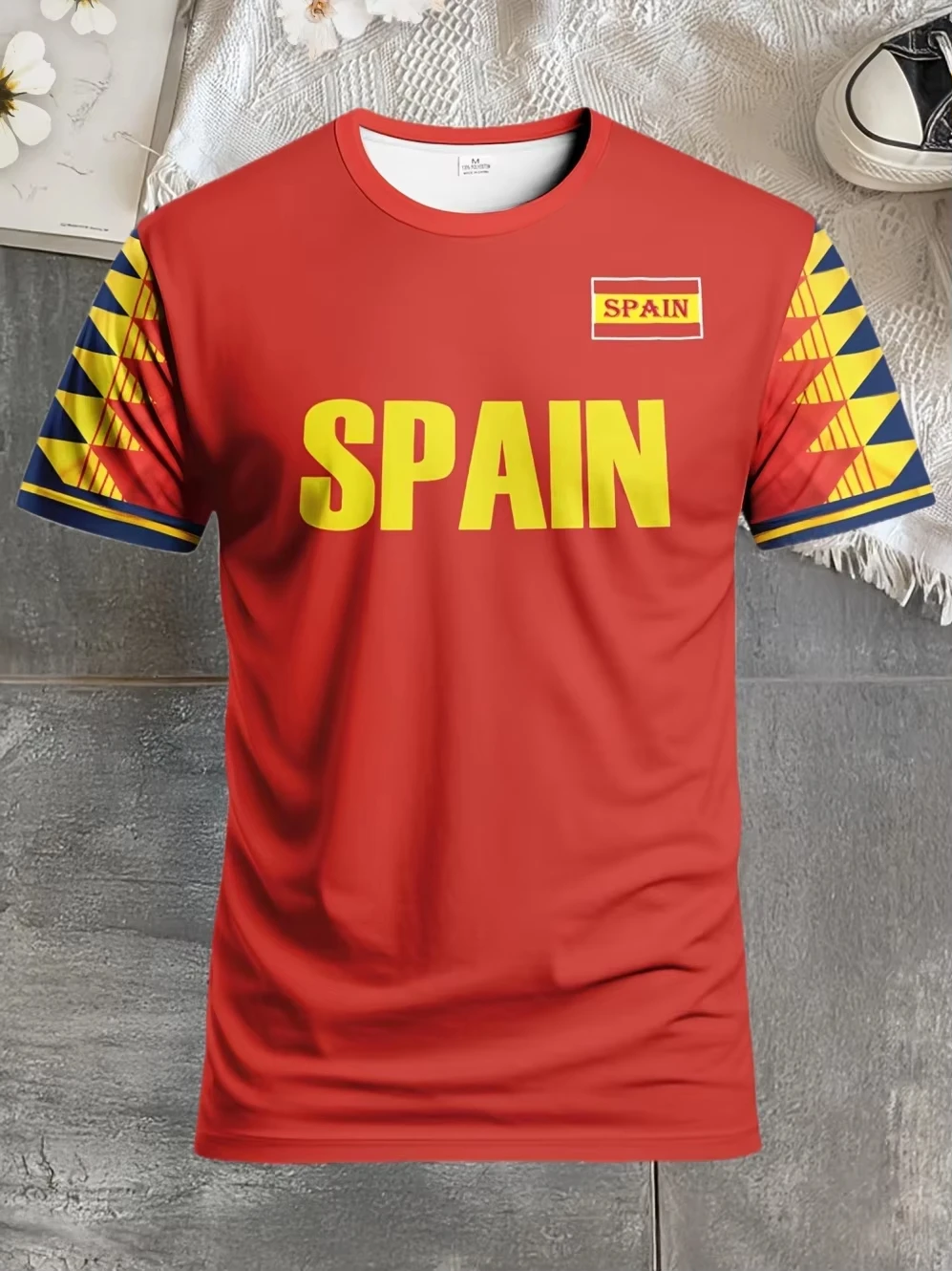 2026 Summer Fashion Spain New 3D Printed V-neck Short sleeved T-shirt Pattern Outdoor Sports Passion Support T-shirt Size Up