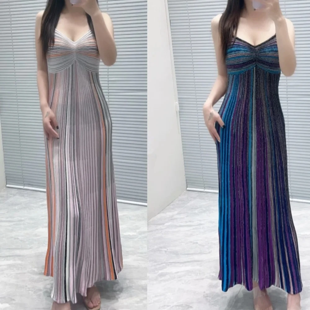 

Women Sequined Multicolor Striped Sling dress V-Neck High Waist Sleeveless Vintage Slim Knitted Long Dress