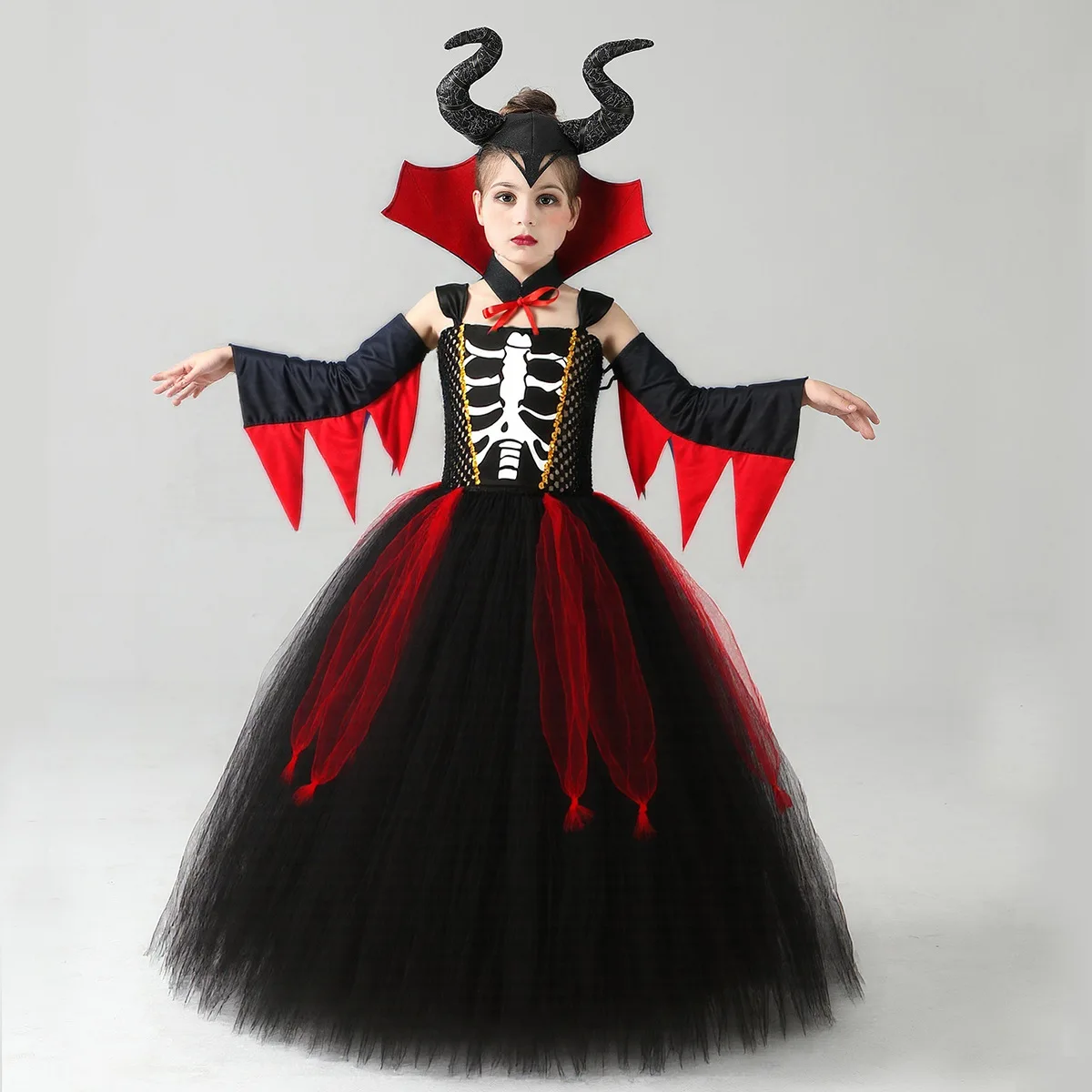 

NEW Girls Gothic Gown Demon Vampire Costume Evil Queen Fancy Witch Tutu Dress Halloween Carnival Dress Up Party Clothes