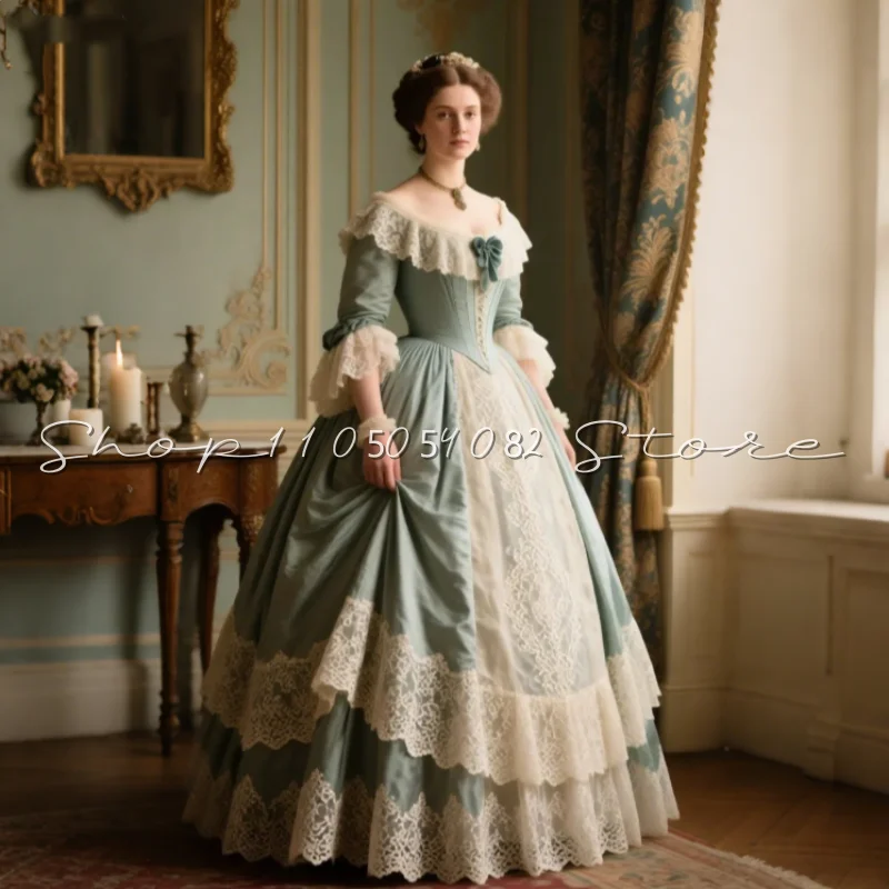 ชุดราตรีสไตล์วิคตอเรียนยุคศตวรรษที่ 18 แบบสั่งตัด สีเขียวอ่อน ประดับลูกไม้สไตล์วินเทจ คอร์เซ็ททรงเอไลน์ ชุดราตรีทรงดัชเชส