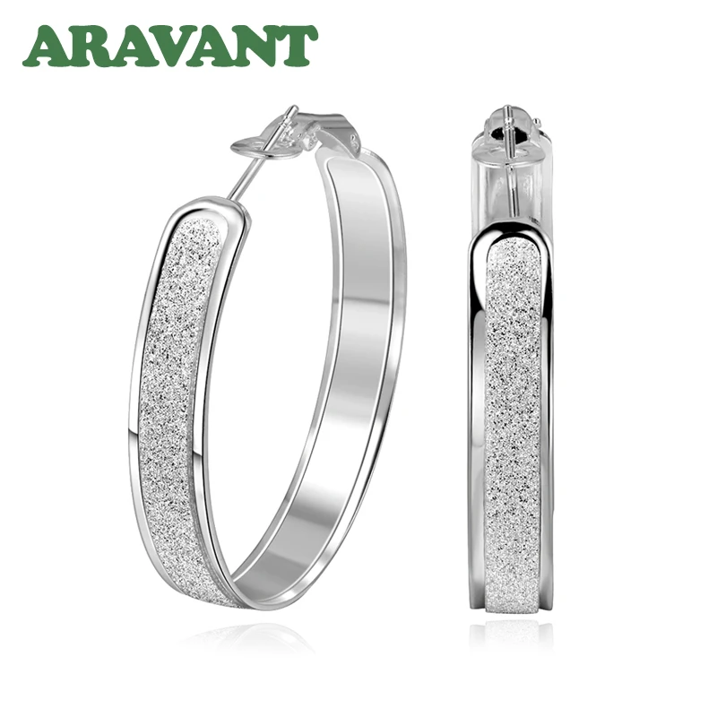 100% 925 Sterling Silver Hoop Earring For Women 40MM Scrub Big Round Circle Earrings Jewelry Gift