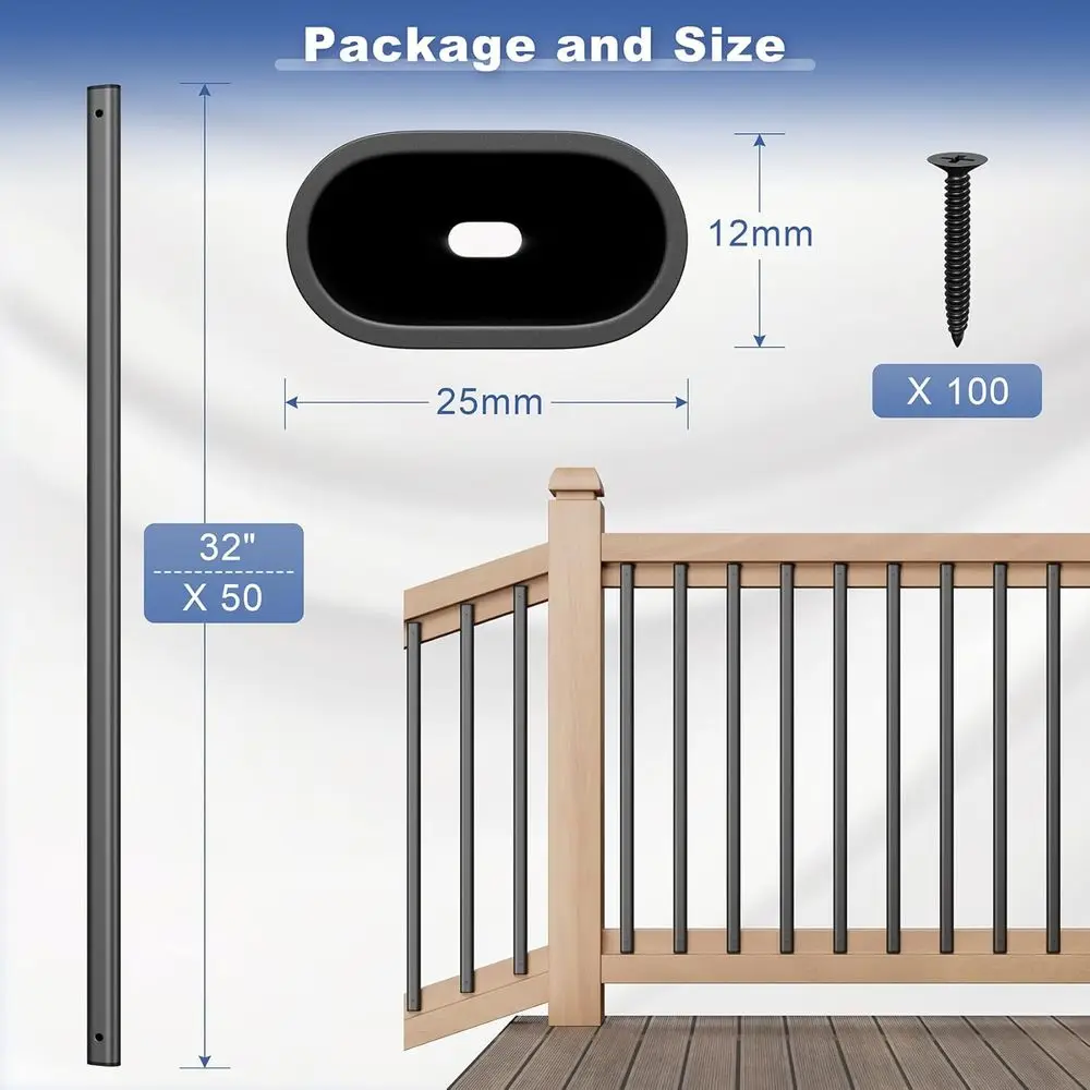 50 عبوة من 32 درابزينًا معدنيًا أسودًا للدرج، مغزل مجوف للسكك الحديدية، مناسب للاستخدام الداخلي والخارجي (1.5 مم T #6