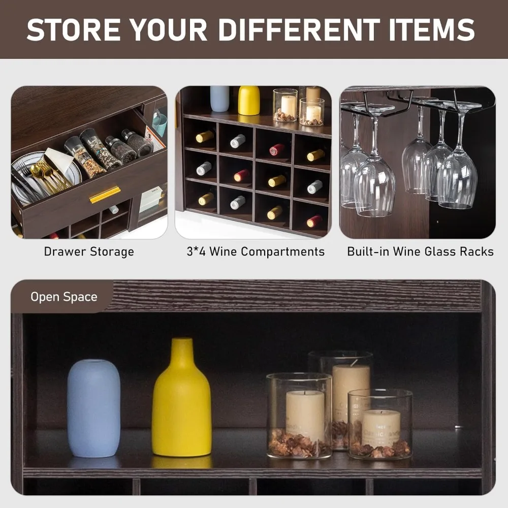 خزانة بار النبيذ للمزرعة المنزلية، خزانة تخزين المشروبات للمطبخ وطاولة القهوة، حامل نبيذ 55 زجاجة للمطبخ #5