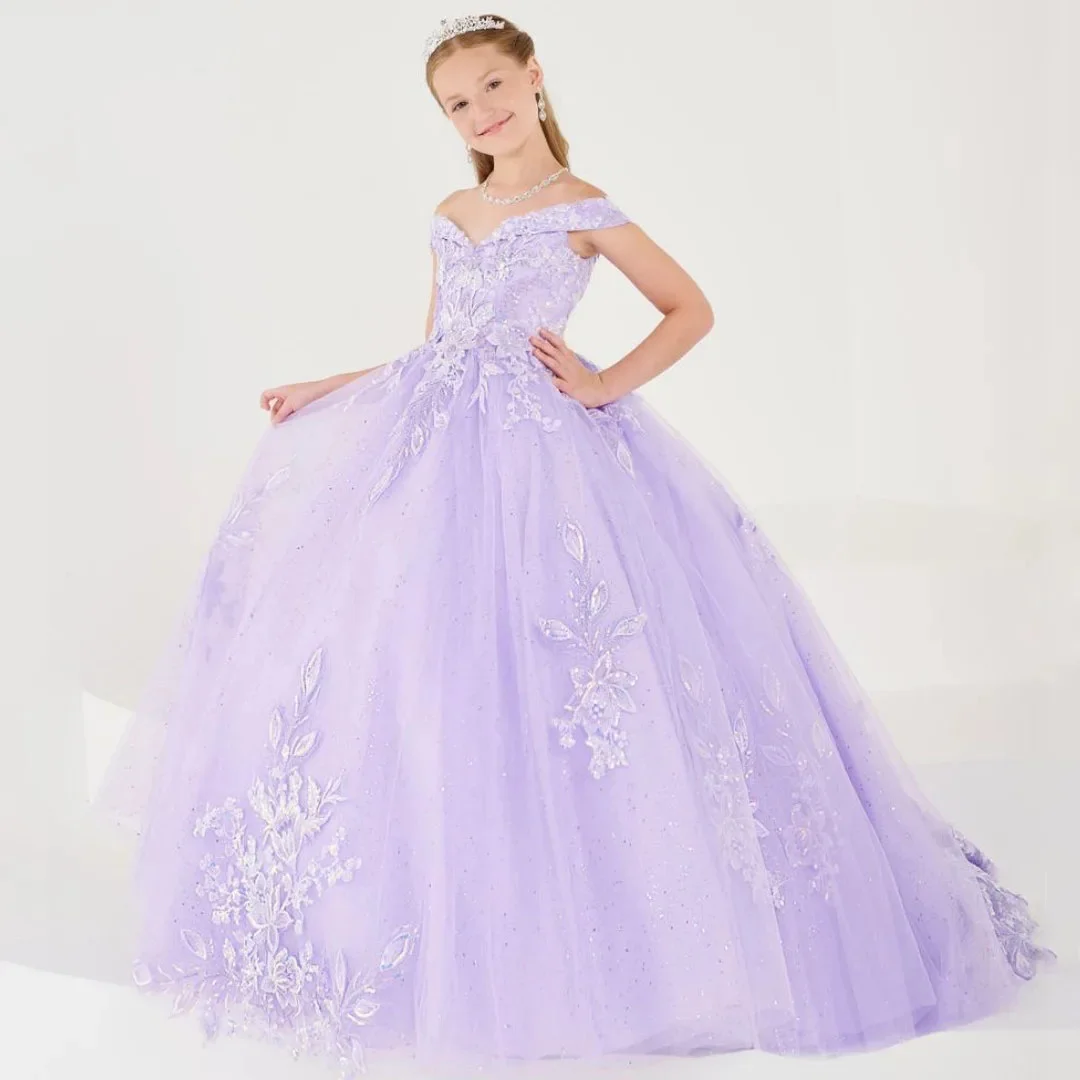Personalizado casamento aniversário lilás tule apliques florais vestido da menina de flor bordado sem mangas para baile banquete vestido princesa