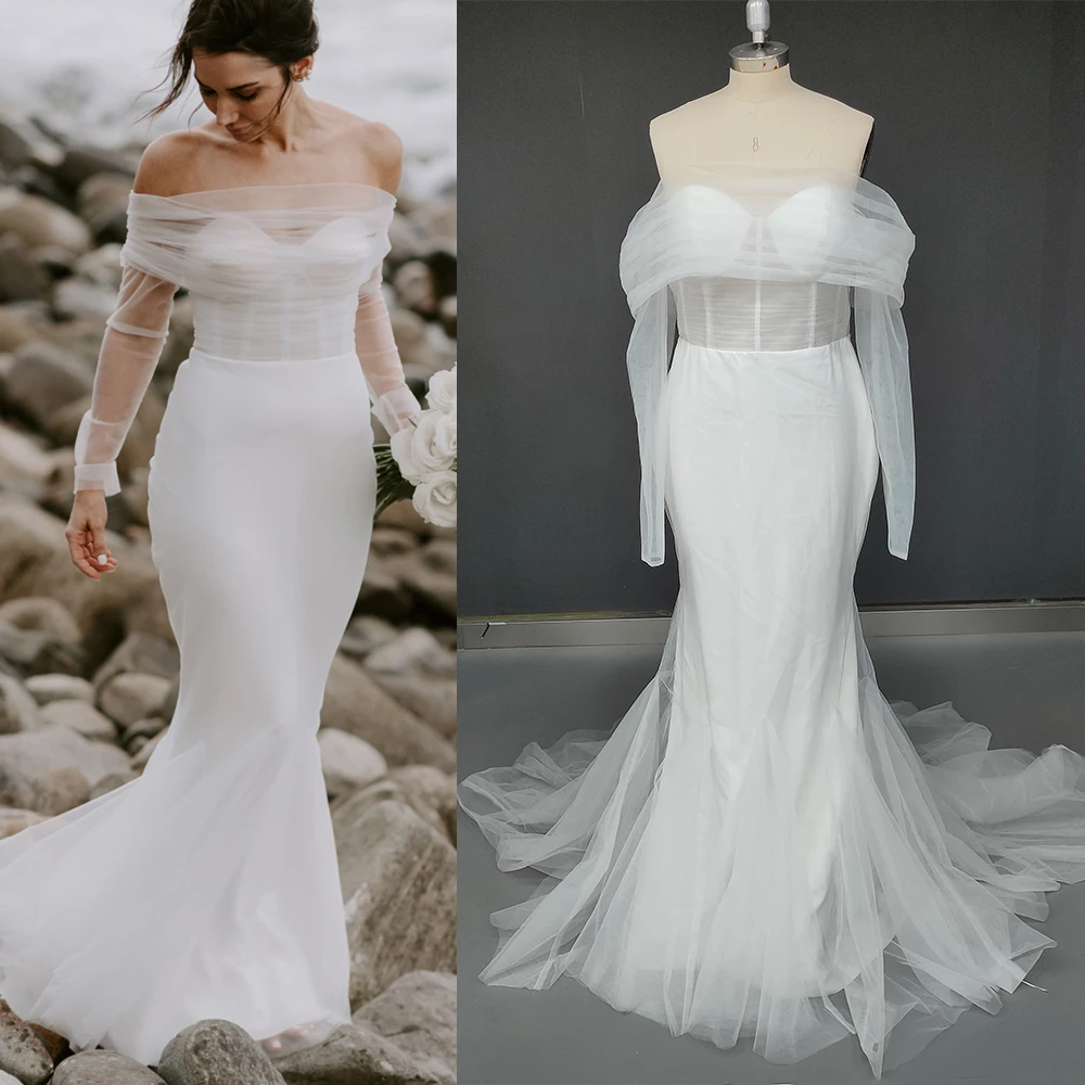 Vestido de novia plisado de sirena, largo, transparente, de tul, sin hombros, con cremallera, corte bajo, sencillo, para playa, Micro vestido de boda, 2021