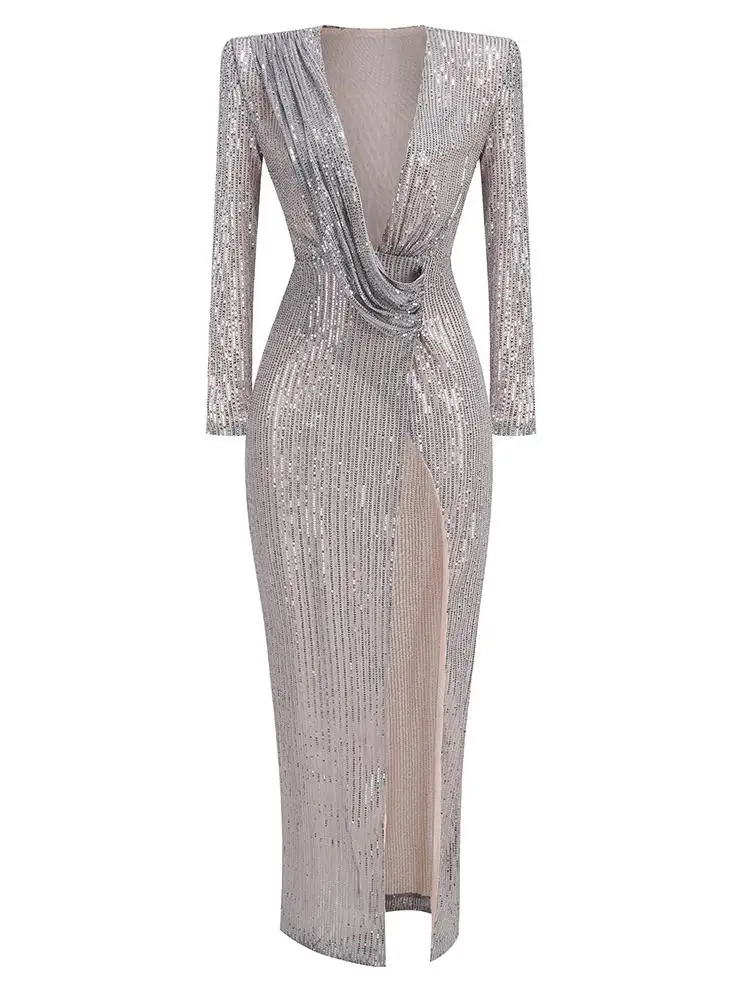 فستان سهرة جديد بتصميم عابر للحدود، تنورة طويلة مطوية، فتحة صدر عميقة بدون أكمام، مزين بالترتر اللامع، الأكثر مبيعًا على تيك توك #2