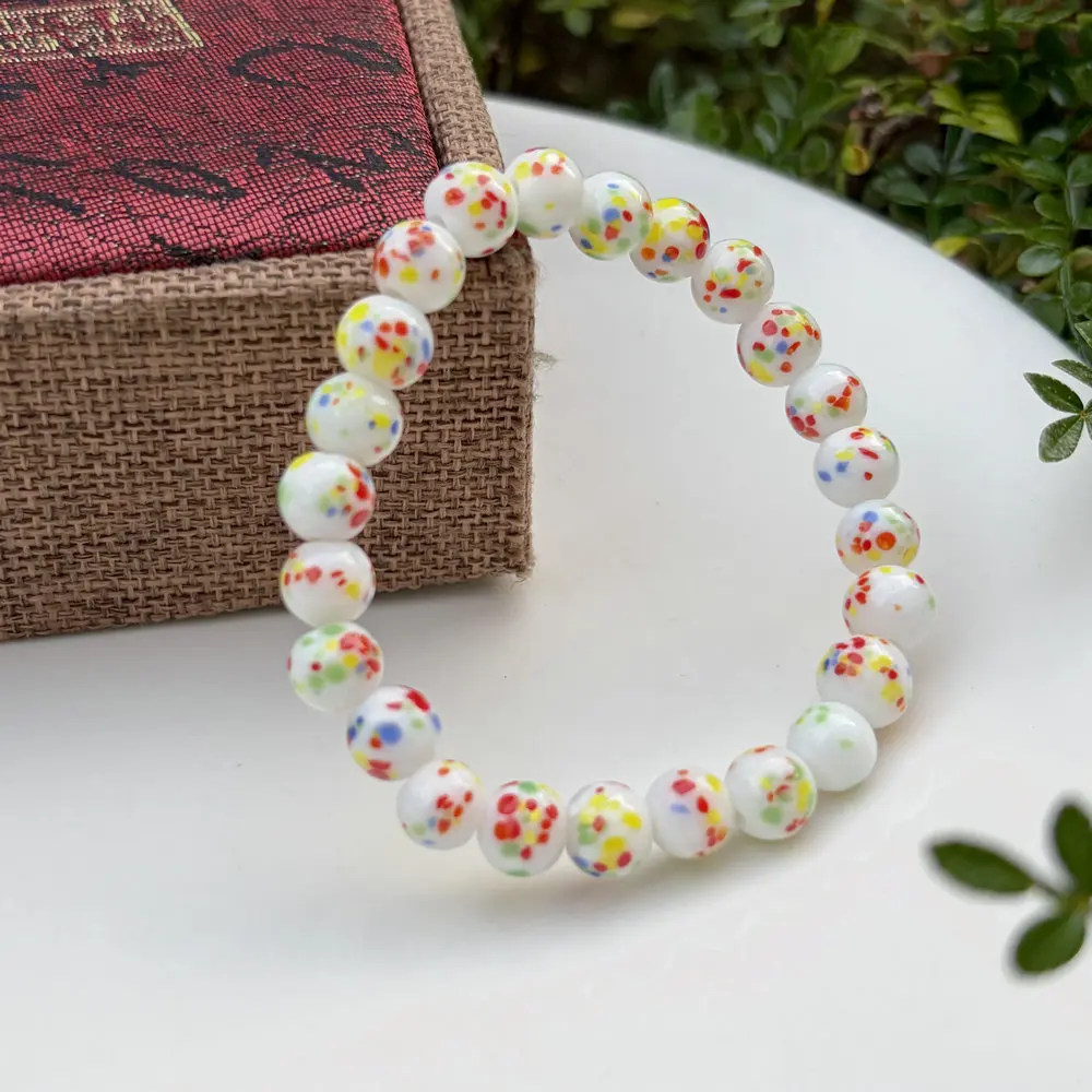 Millefiori Lampwork Glass Bead Bracelet Colorful Spotted Round Beads Elastic Bracelet Handmade Boho Stackable Bracelets For Wome
