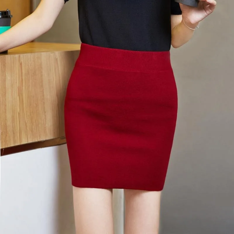 Office-look Knitted Skirts for Women Mini Temperament A-line Design Elegant High Waist Stylish Stretchy Slim Korean Style Faldas