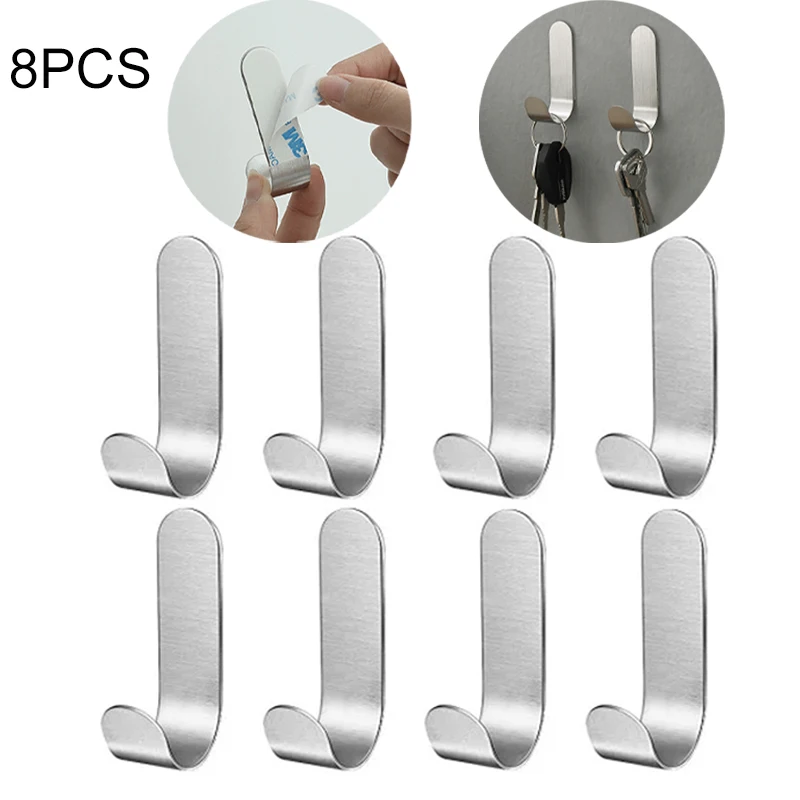 8PCS Strong Stainless Steel Self-Adhesive Wall Hooks Waterproof Sticky Hooks Bathroom Hang Towel Keys Coat Bags Kitchen Hook