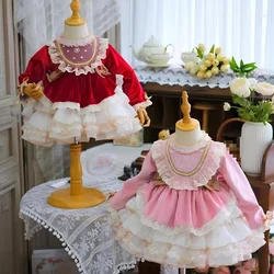 Girls' Lolita Princess Dress Children's Long sleeved Poached Cake Dress Pink Bowtie Escape Princess Dress Birthday Dress
