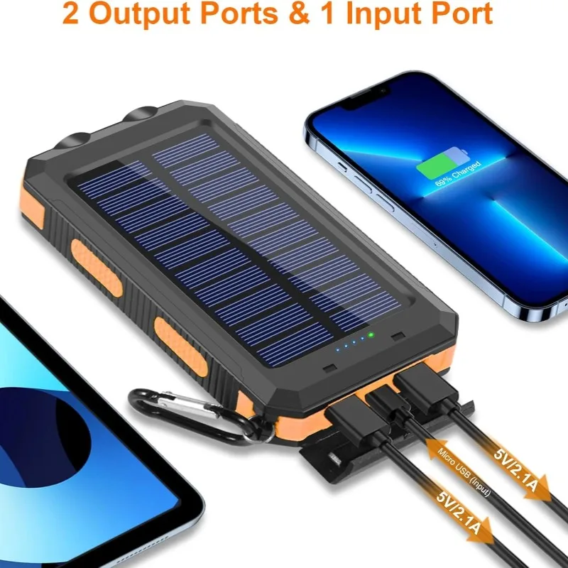 20000mAh Portable Power Bank Fast Charging Solar Power Bank with LED Light Outdoor Waterproof for IOS Android USB-A and USB-C