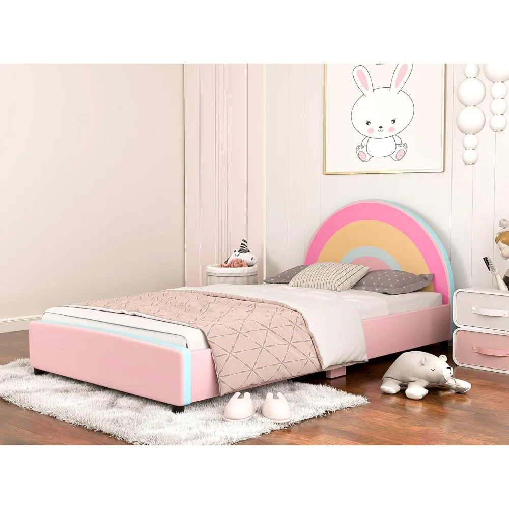 

IKIFLY Twin Bed Frames for Kids, Princess Upholstered Girls Twin Platform Bed with Rainbow Headboard, Solid Wood Slats, No Box