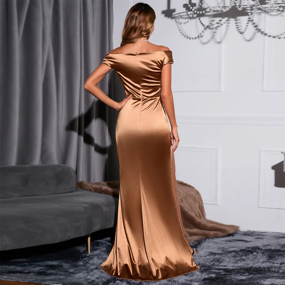 Satin Gold Lange Avondjurk Side Slit Mermaid Sexy Vestidos De Fiesta Jurk Voor Wedding Party Off Shoulder Formele Jurken