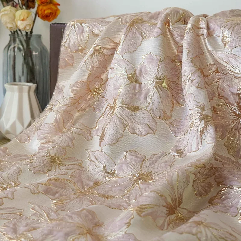 1 meter Embossed Gold Silk Elegant Flower Jacquard Fabric Women's Gentle Dress Fluffy Skirt Wash Bag Diy Sewing Fabric
