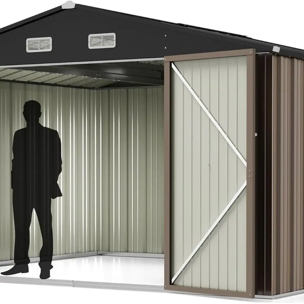 

Brown Outdoor Storage Shed: 10x8FT Metal Utility Shed with Door and Lock for Garden and Patio Storage