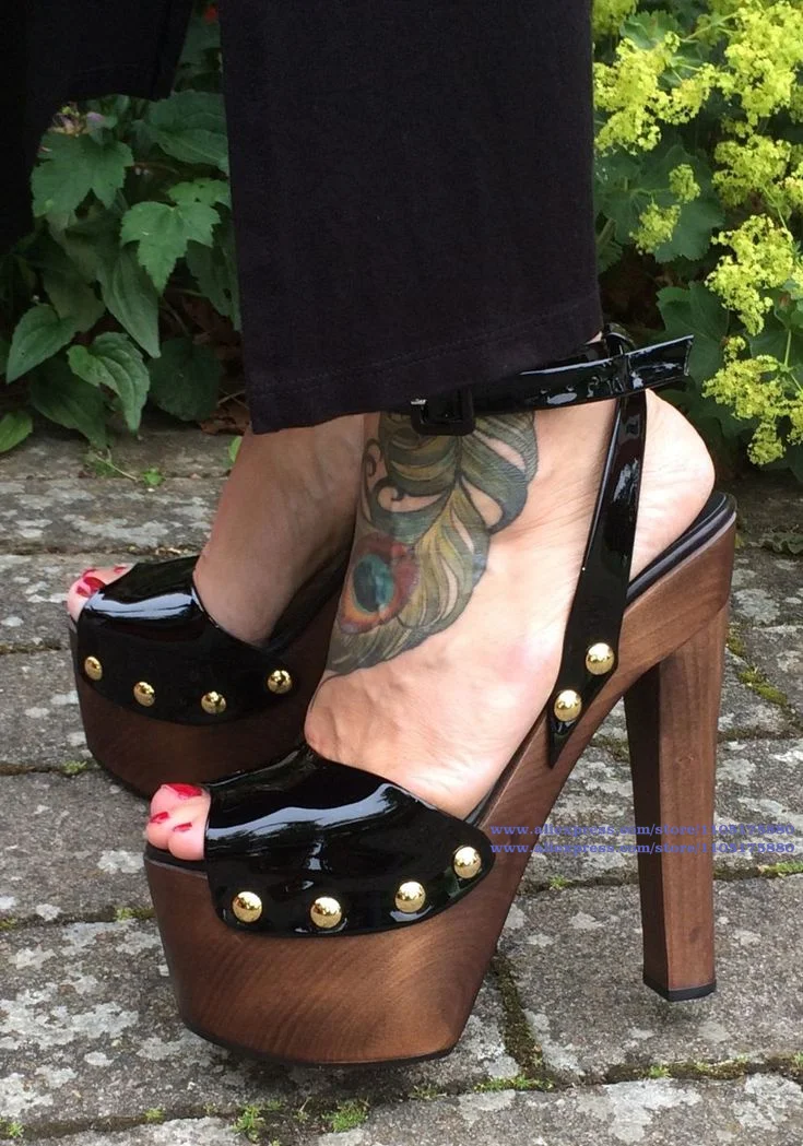 

Platform Wood Chunky Heel Sandals Peep Toe Stiletto Heels Ankle Buckle Strap Elegant Dress Party Shoes Sandalias De Mujer Verano