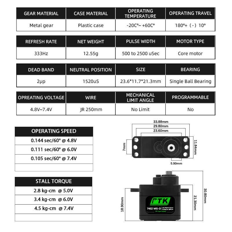 PTK 7452 MG-D 9g Digital Servo Metal Gear for EPP F3P Glider RC Model Car Helicopter Airplane Hitec HS-65 Same Level view 3