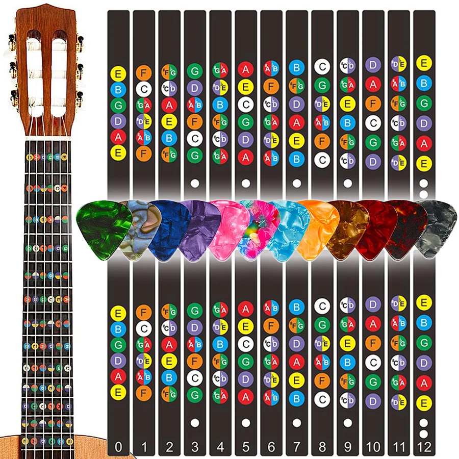 2pcs Guitar Scale Stickers & 12pcs Guitar Picks Beginner String instrument Scale Annotation Tool Sweep Strings Flick Picks