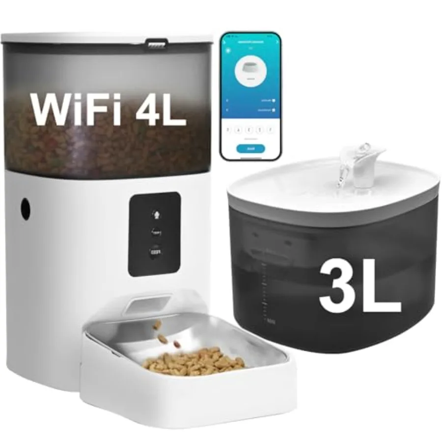 

2.4G WiFi Automatic Cat Feeder 4L Food Dispenser with 10s Voice Recorder and 105oz/3L Pet Water Fountain for Smart Pet Care Sta