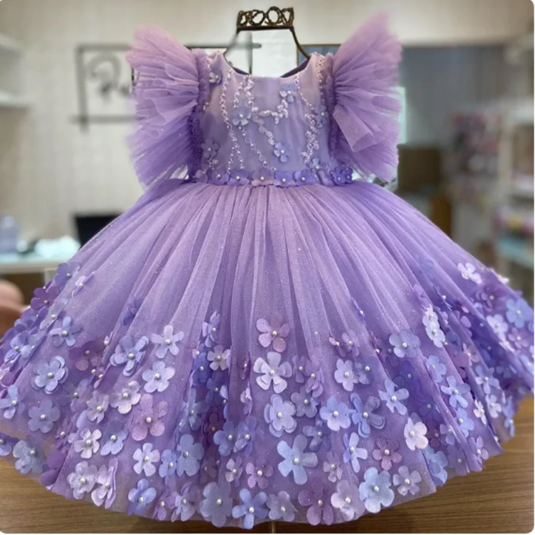 

Purple Flower Girl Dress Wedding 3D Floral Gown Scoop Neck Big Bow Puffy Tulle Birthday Party Dress First Communion Gowns