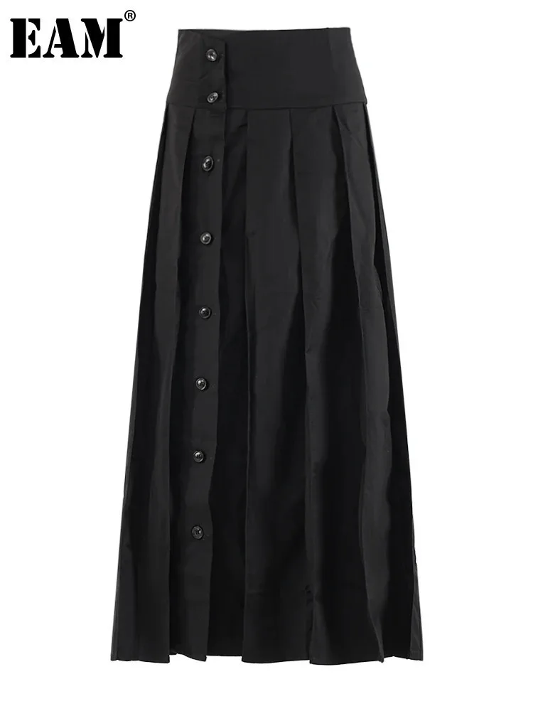 [EAM] High Waist Black Pleated Botton Shaped Elegant Midi Half-body Skirt Women Fashion Tide New Spring Autumn 2024 CPG1936