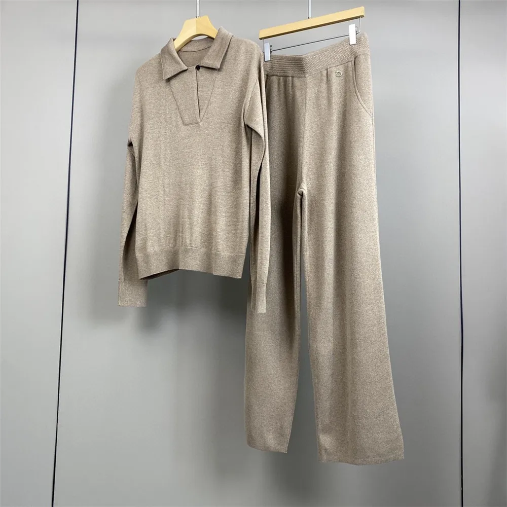 Autumn L*P Women\'s Lapel Wool Knit Sweater+ Elastic Waist Wide Leg Pants Two-Piece Set