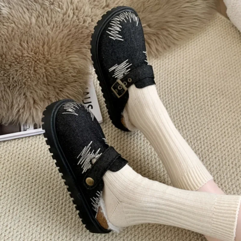 

Embroidery Canvas Fur Flats Women Slippers Platform Mules Plush Cotton Shoes Casual Flip Flops Trend Winter Warm Zapatos Mujer