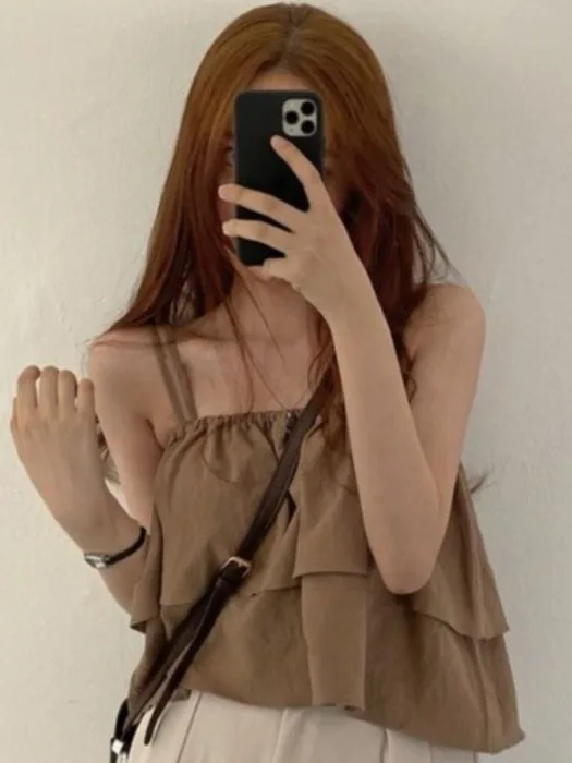 

Chic Summer Vintage Double Layer Svel Pure Color Strap irt Women's Top Neline Exposure Flounce Hem Blouse