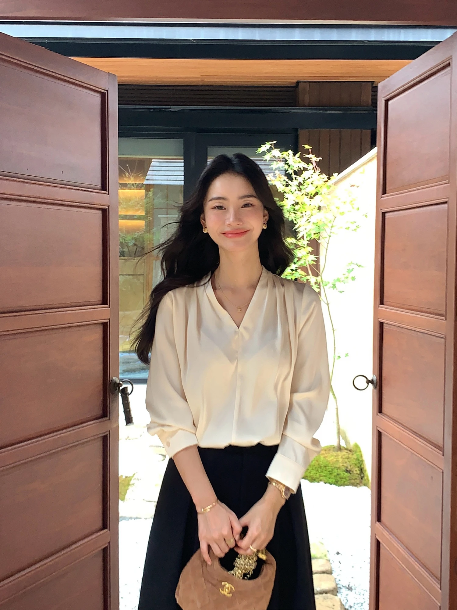 

Ele V-ne Satin irt Женский высококачественный досуг Sle Long Sve Дышащее волокно из полиэстера для поездок на работу