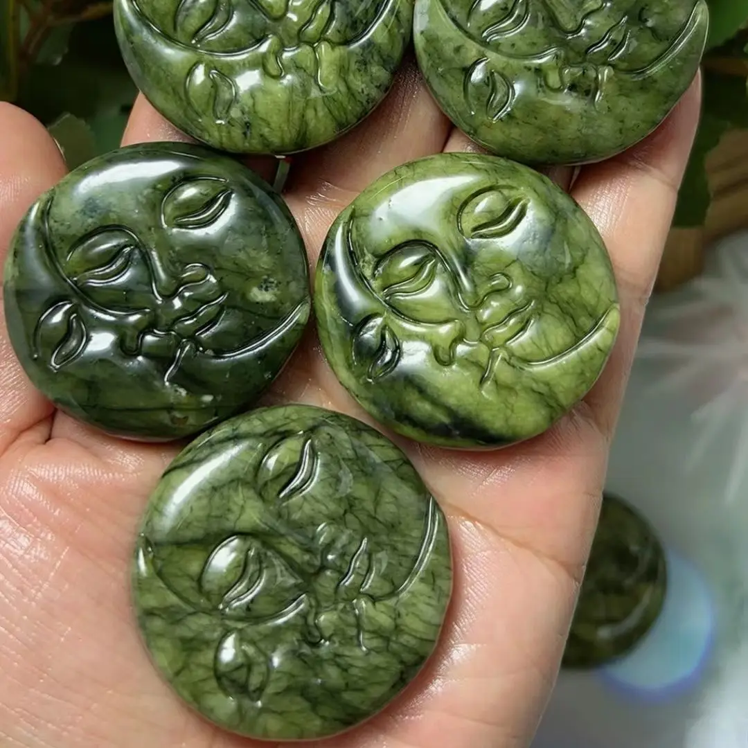 10pcs Sun And Moon Face Natural Serpentine Jasper Crystals Healing Hand Carved Plam Gemstone Witchcraft Supplies DIY Necklace