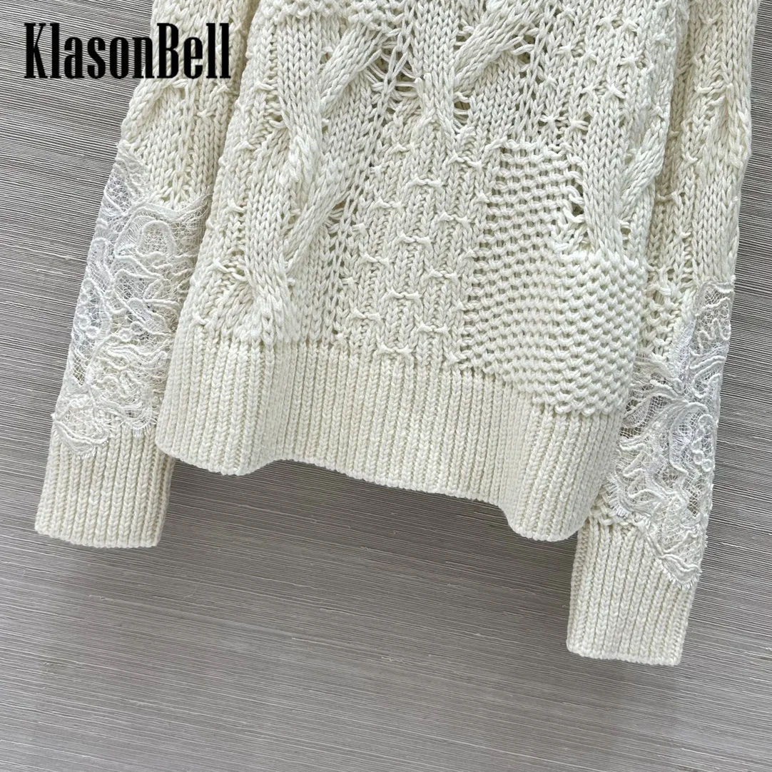 9.25 KlasonBell Women Classic Twist Lace Spliced Raglan Long Sleeve Knitwear Elegant Loose Soft Comfortable Wool Sweater