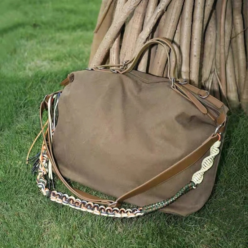 American Retro Workwear Style Oversized Capacity Handbags Tassel Woven Pendant Versatile Commuting Shoulder Crossbody Bag Trendy