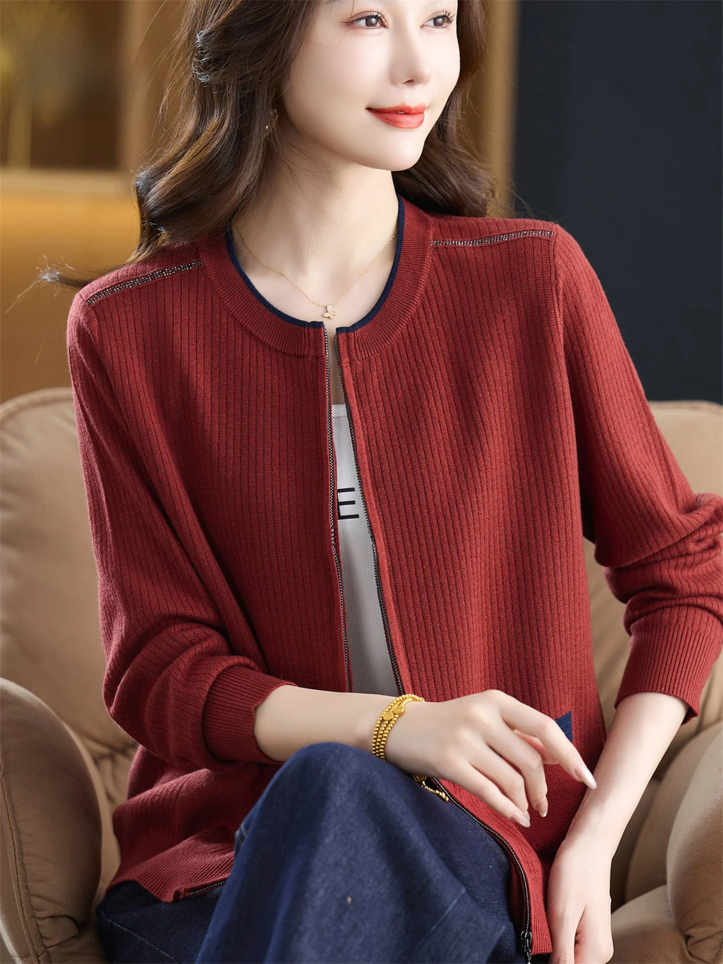 

Модный вязаный верхний костюм, круглый открытый кардиган, свободная основа для молодых мам, весна-осень, новый женский Clo...